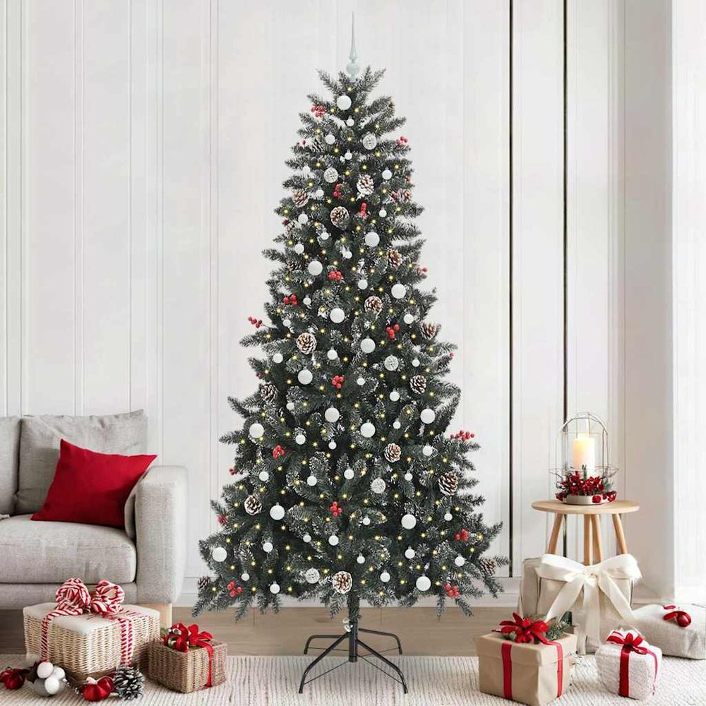 Sapin de noël touffu et enneigé 240 cm, 300 led blanc chaud et décorations naturelles