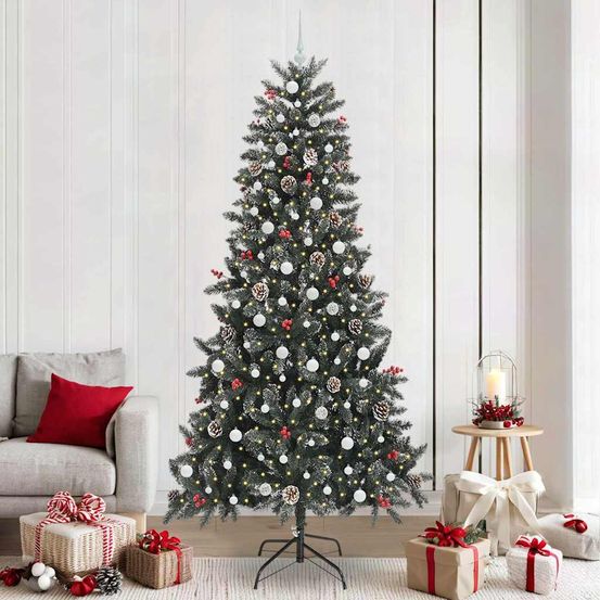 Sapin de noël touffu et enneigé 240 cm, 300 led blanc chaud et décorations naturelles