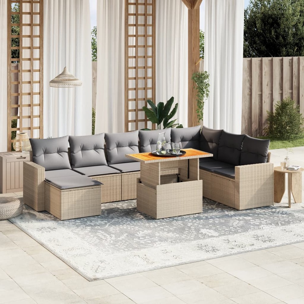 Salon de jardin avec coussins 9 pcs beige résine tressée