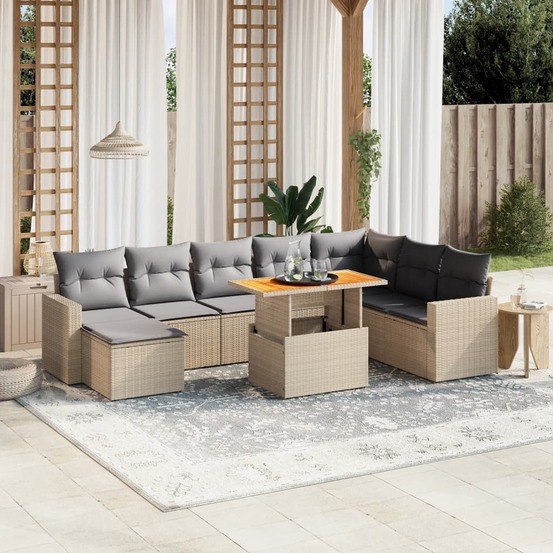 Salon de jardin avec coussins 9 pcs beige résine tressée