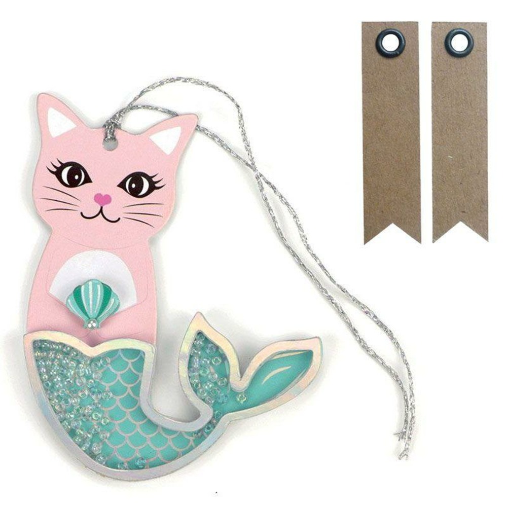 2 étiquettes 3d shaker tags sirène chat + 20 étiquettes kraft fanion