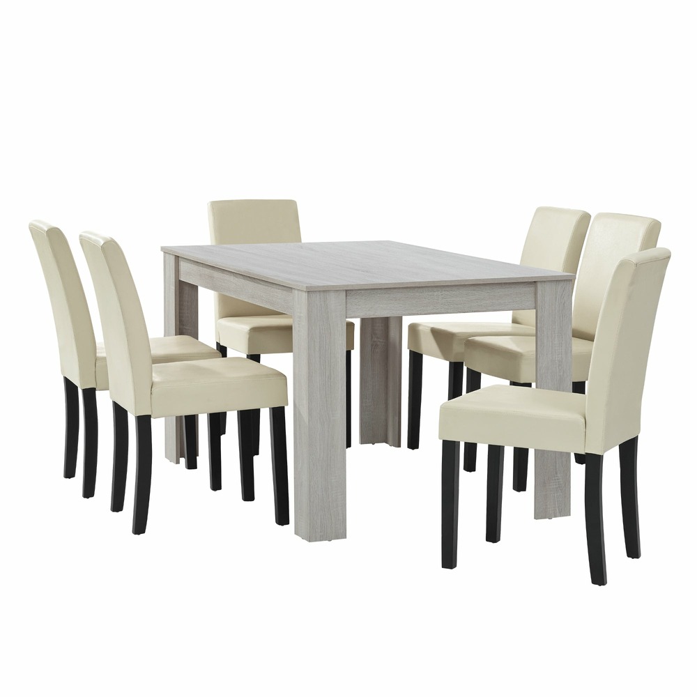 Table à manger chêne blanc avec 6 chaises crème cuir-synthétique rembourré 140x90 cm