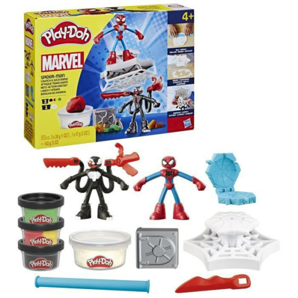 Play-doh spider-man, coffret attaque tranchante avec 2 figurines flexibles, 7 accessoires et pâte a modeler, des 4 ans, marv