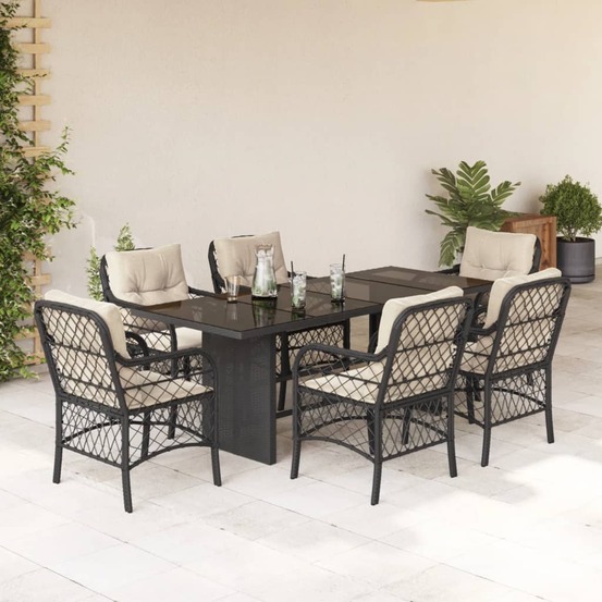 Ensemble à manger de jardin coussins 7pcs noir résine tressée