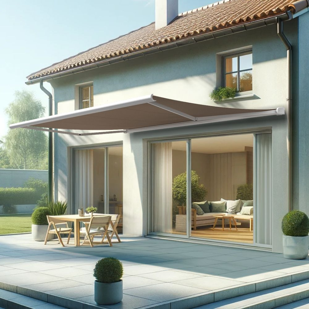 Store banne coffre intégral hevoa 5,00x3,50 m (manuelle - blanc satiné ral9010 - taupe)