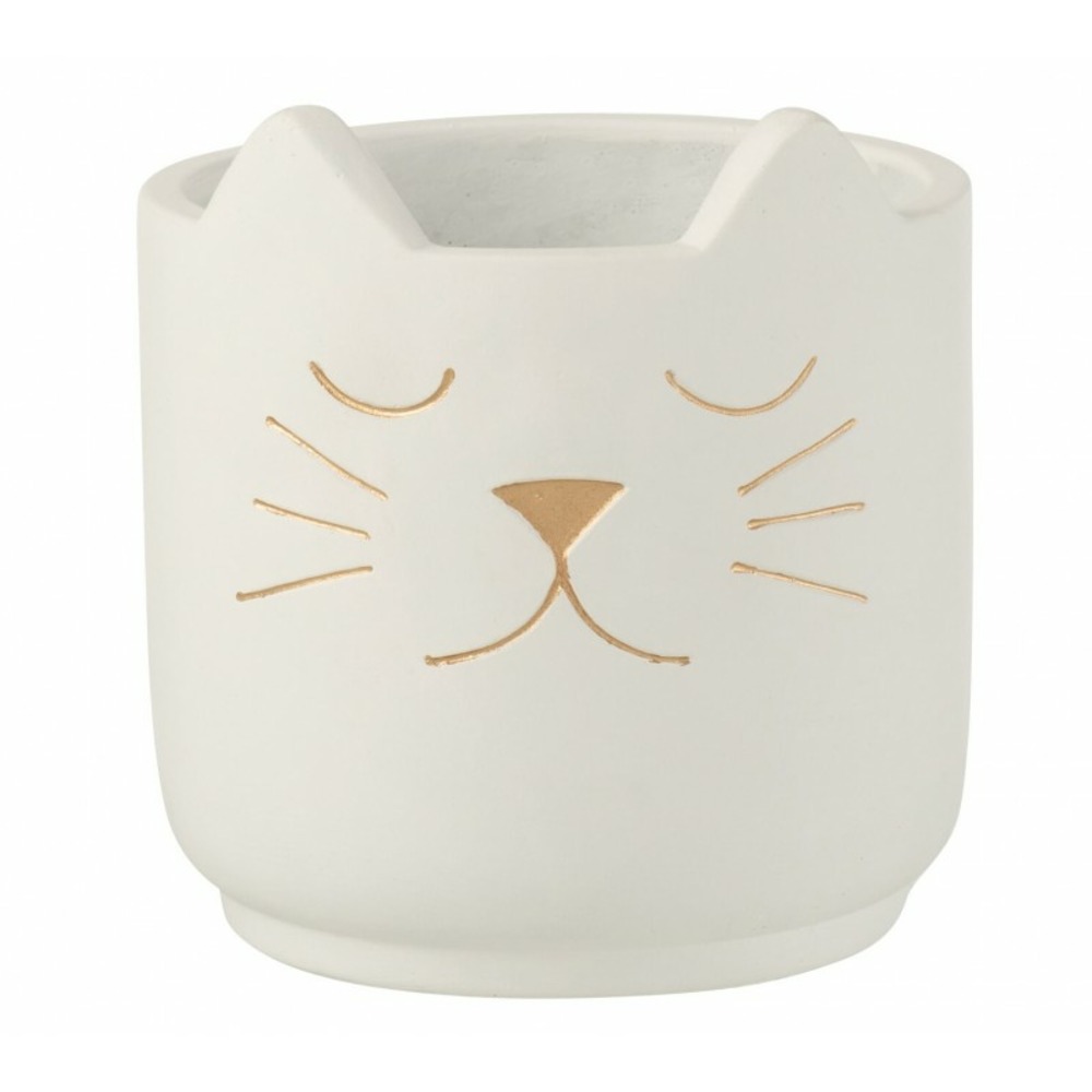 Cache-pot en ciment blanc et chat doré h16cm