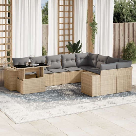 Salon de jardin avec coussins 10 pcs beige résine tressée