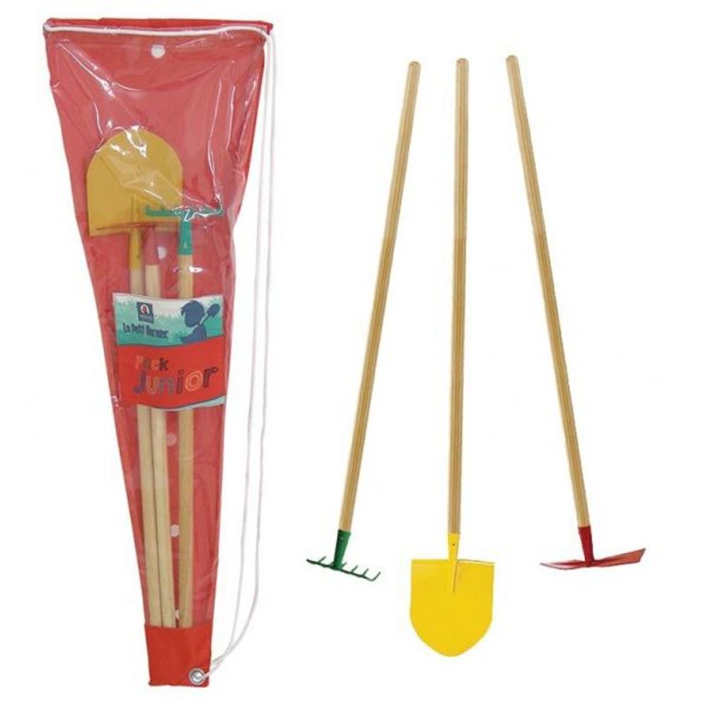 Set 3 outils de jardin enfant + sac de transport pelle + râteau + pioche