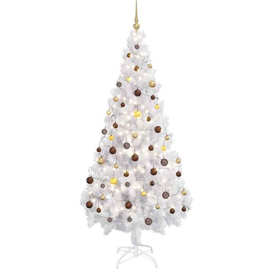 Arbre de noël artificiel pré-éclairé et boules blanc 180 cm pvc