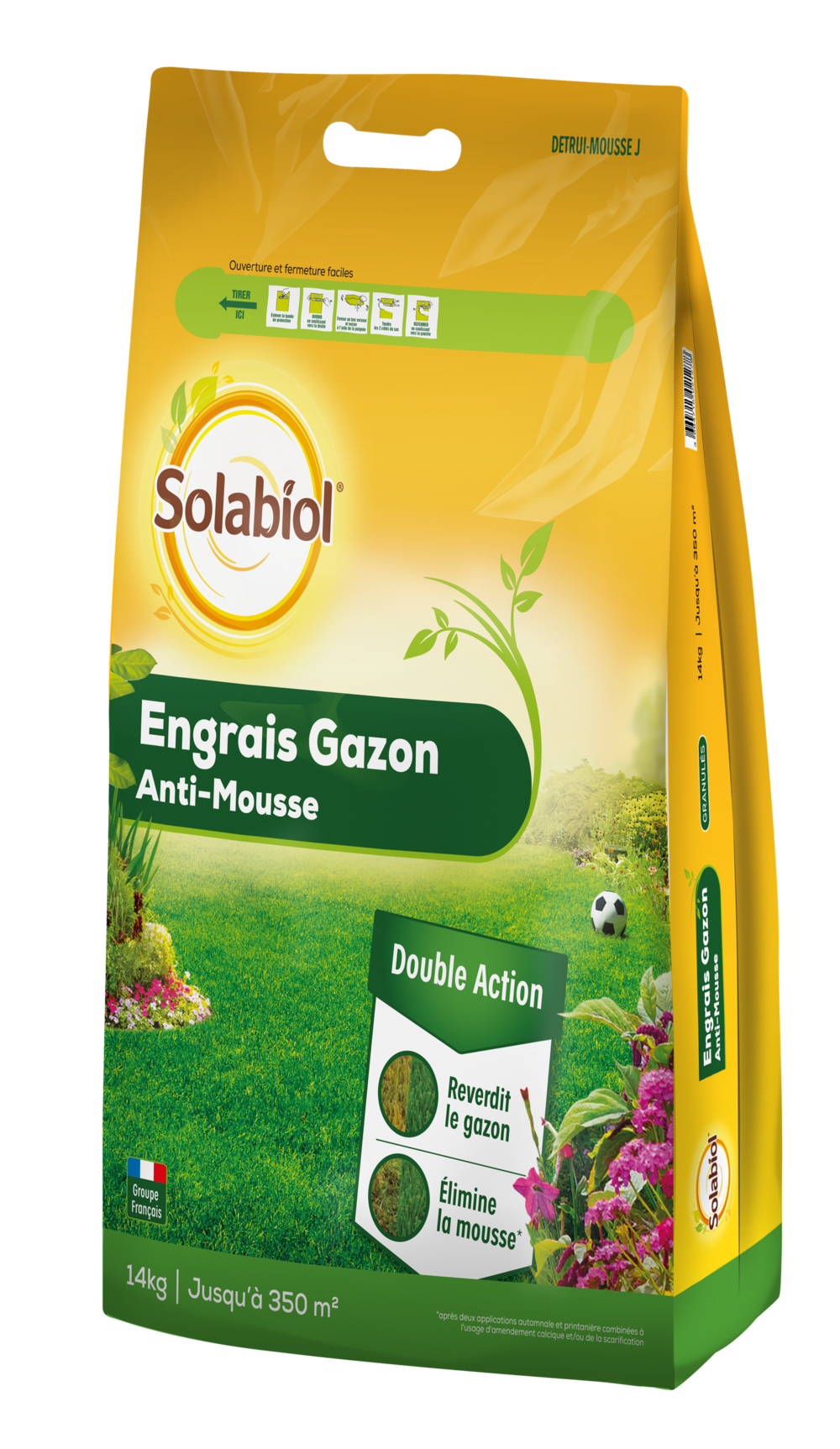 Solabiol engrais gazon - sac 14 kg - jusqu'à 350m² - double action reverdit le gazon & élimine la mousse - granulés sogazmou350