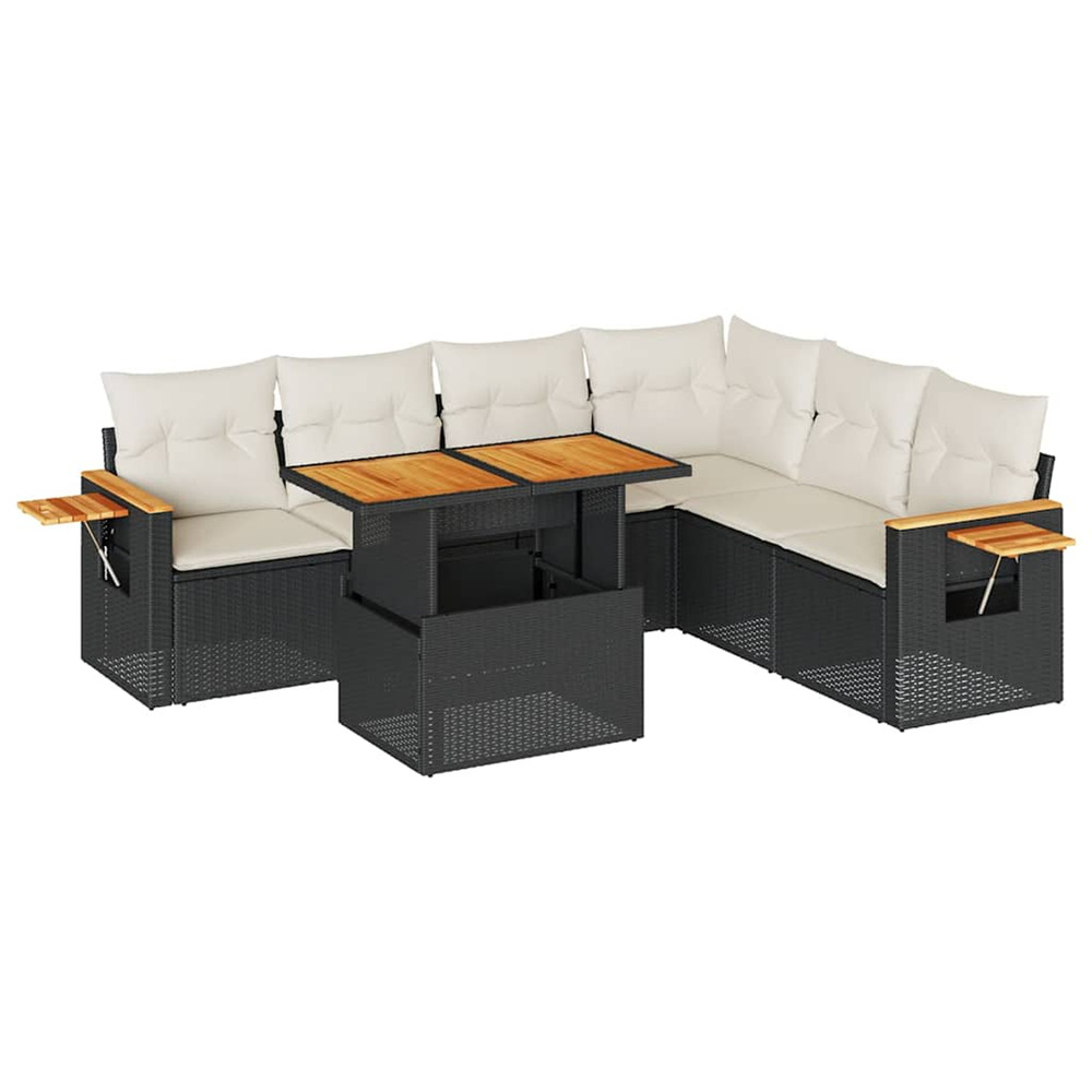 Salon de jardin avec coussins 7 pcs noir résine tressée acacia