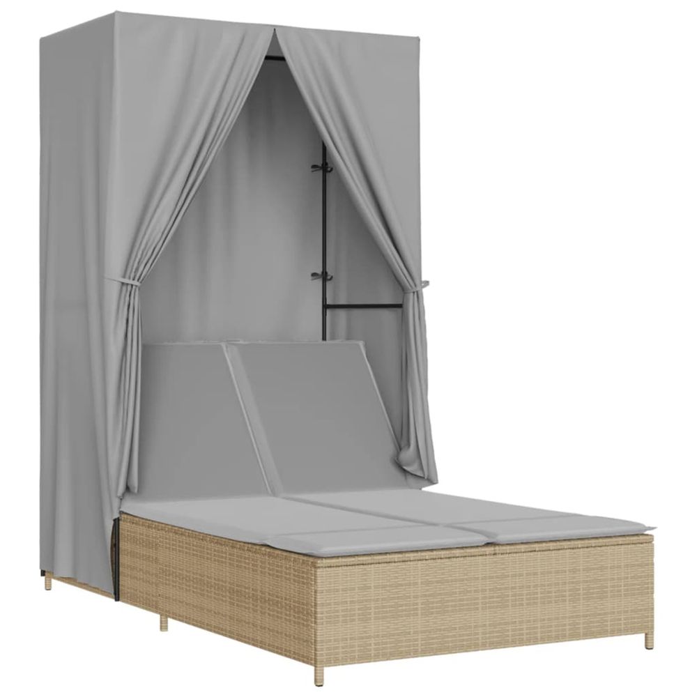 Chaise longue double avec toit et rideaux beige résine tressée bain de soleil