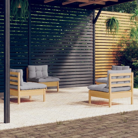 Salon de jardin 4 pcs avec coussins gris bois de pin