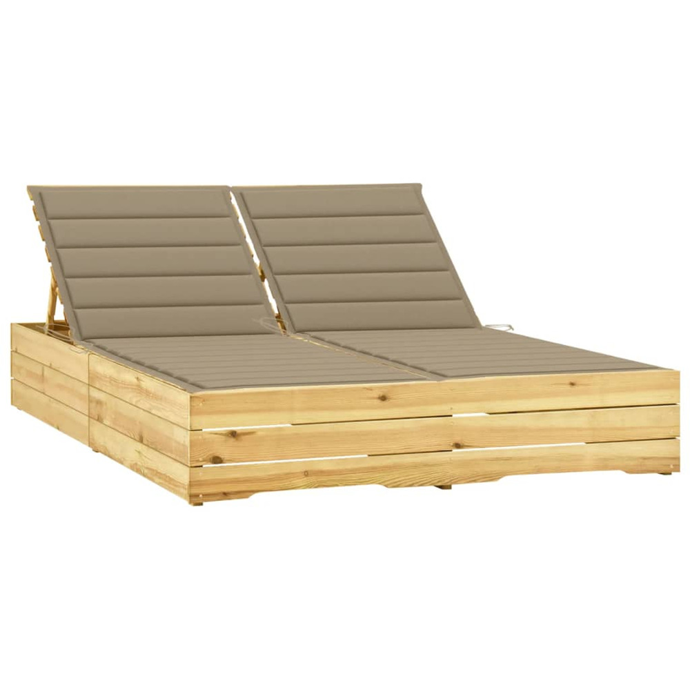 Chaise longue double et coussins beige bois de pin imprégné bain de soleil