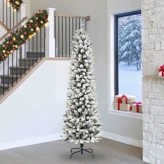 Arbre de noël géant 240 cm floqué blanc, pré-illuminé avec 300 led blanc chaud