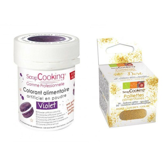 Colorant alimentaire violet + paillettes dorées