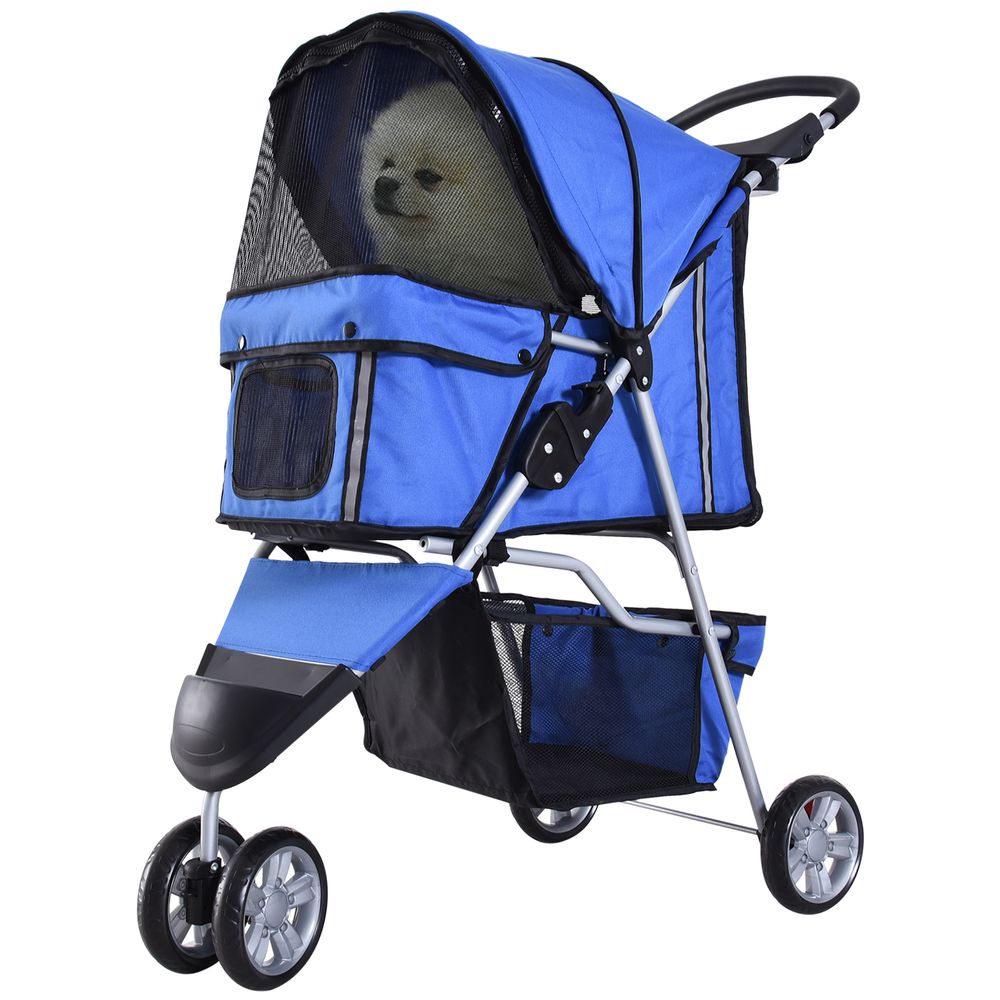 Poussette pliable pour petit chien chat en acier oxford aéré avec freins bleu 97cm
