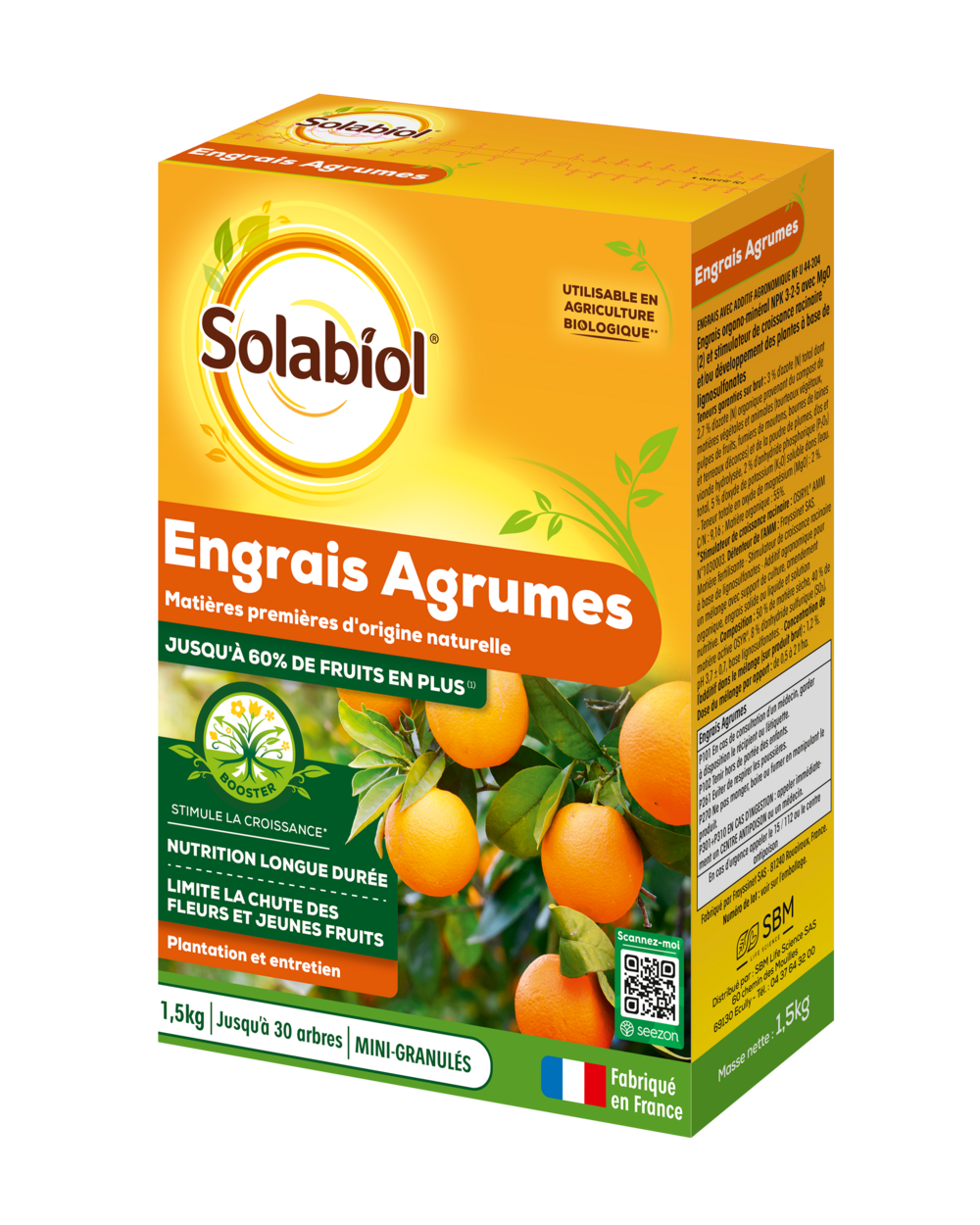 Solabiol engrais agrumes - 1,5kg - favorise la fructification - nutrition longue durée - jusqu'à 60% de fruits en plus - uab