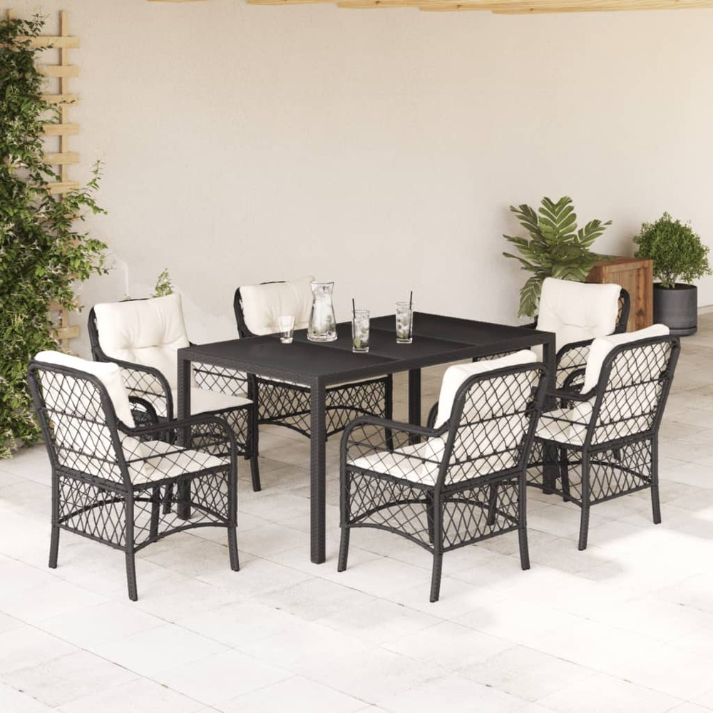 Ensemble à manger de jardin coussins 7pcs noir résine tressée