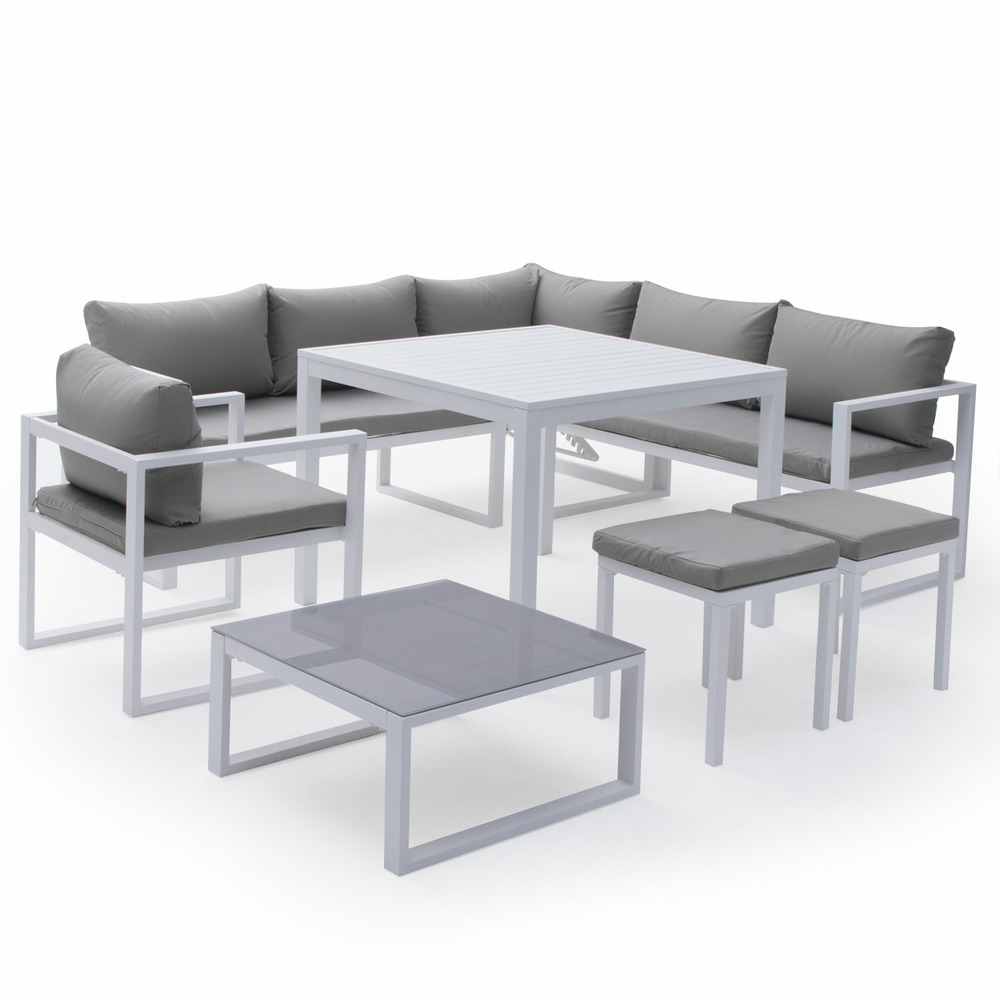 Salon de jardin modulable ibiza en tissu gris 7 places - aluminium blanc