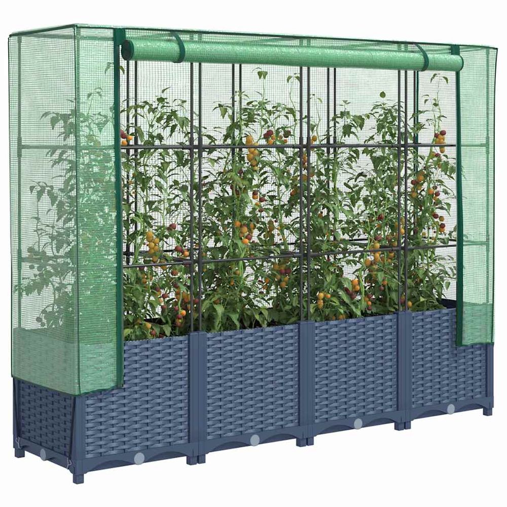 Jardinière surélevée 160cm avec housse de serre, potager aspect rotin gris-bleu, hauteur 138cm