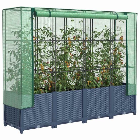Jardinière surélevée 160cm avec housse de serre, potager aspect rotin gris-bleu, hauteur 138cm