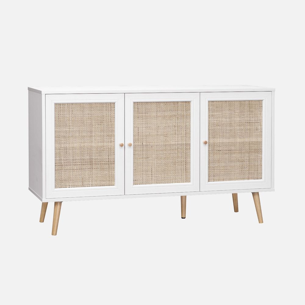 Buffet de rangement en cannage 120x39x70cm - 2 niveaux - 3 portes - pieds scandinaves - buffet bas