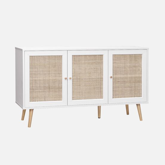 Buffet de rangement en cannage 120x39x70cm - 2 niveaux - 3 portes - pieds scandinaves - buffet bas
