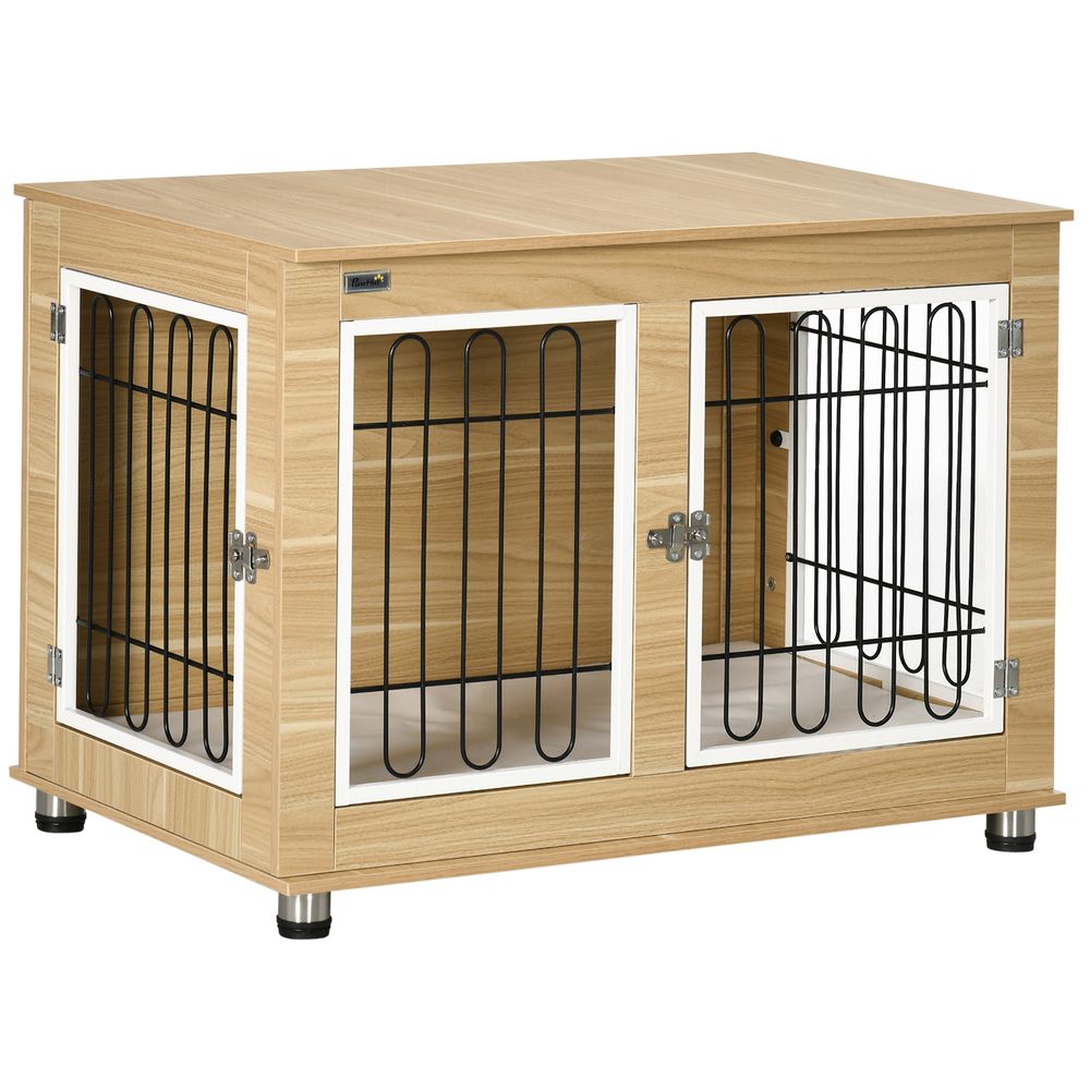 Cage d'intérieur acier et bois pour grand chien avec plateau et coussin 90x58x65cm chêne