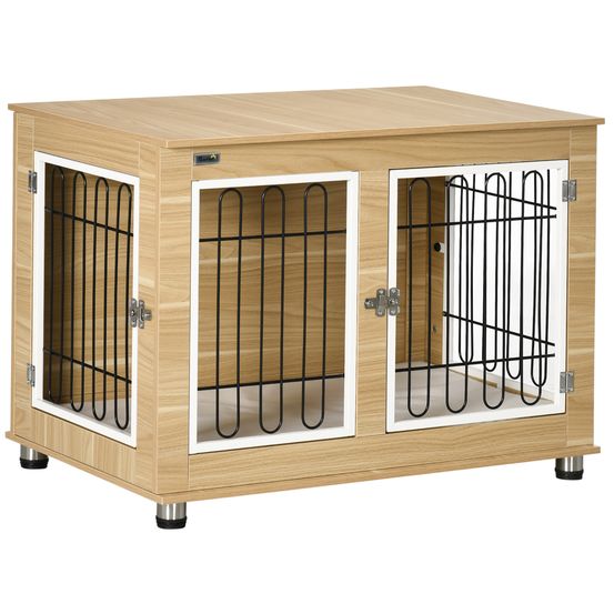 Cage d'intérieur acier et bois pour grand chien avec plateau et coussin 90x58x65cm chêne
