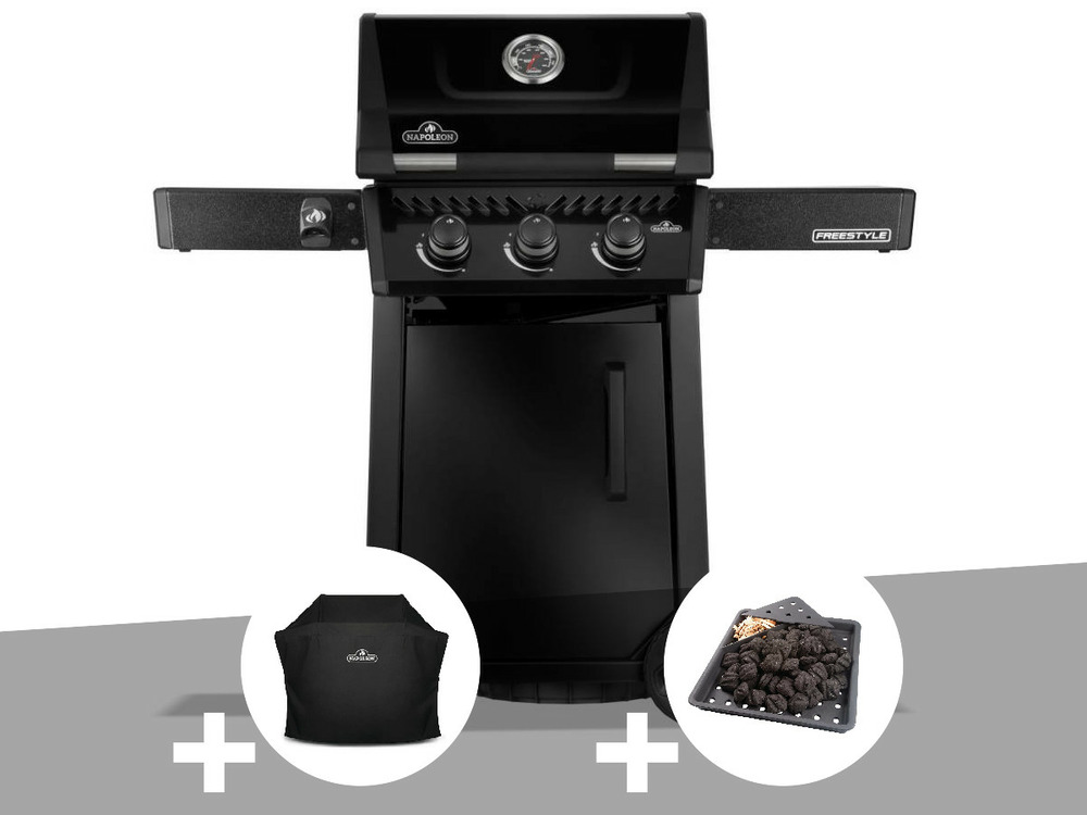 Barbecue gaz freestyle 365 noir 3 brûleurs + housse de protection + plateau char