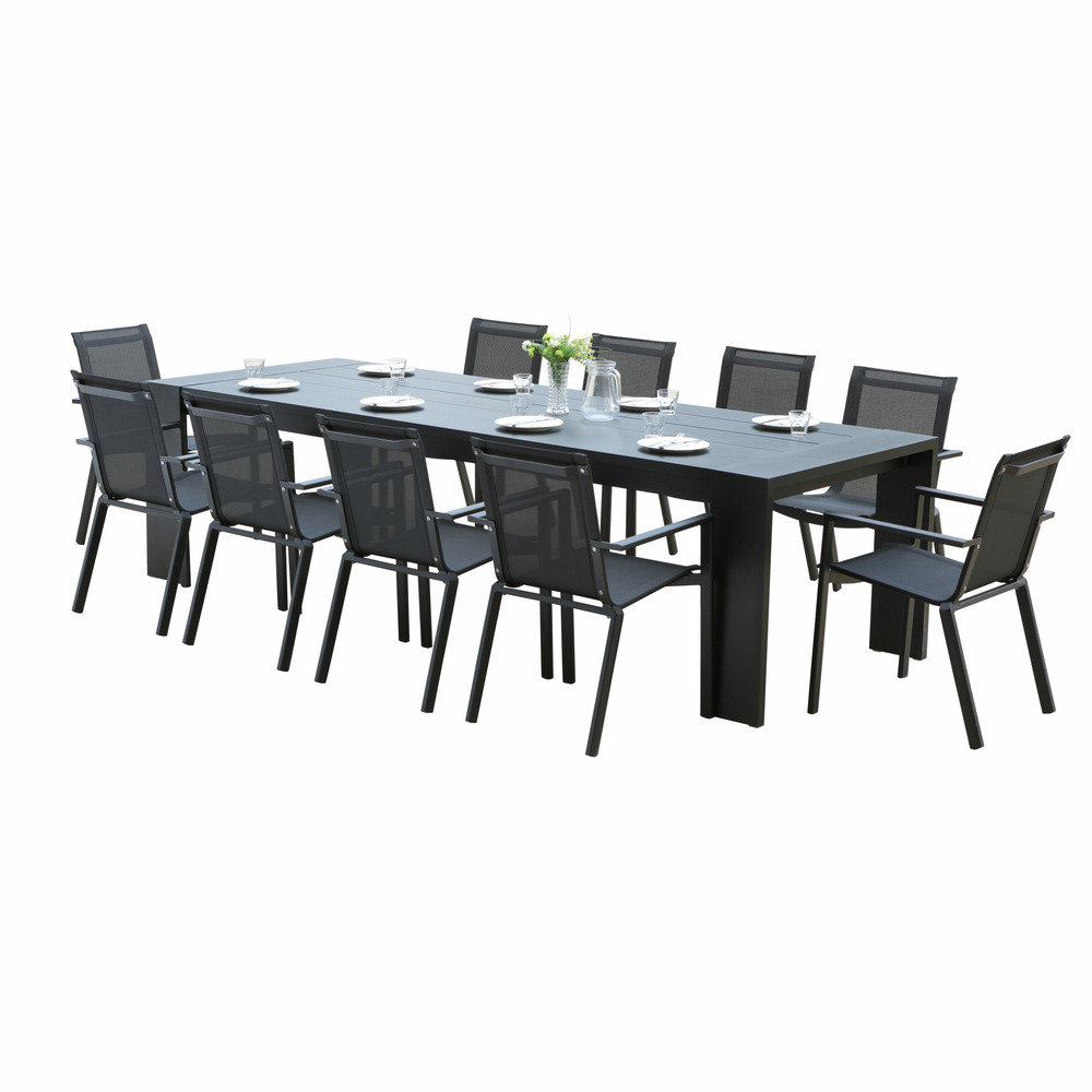 Ensemble ibiza 8/10p en aluminium gris/noir et 10 fauteuils en textilène