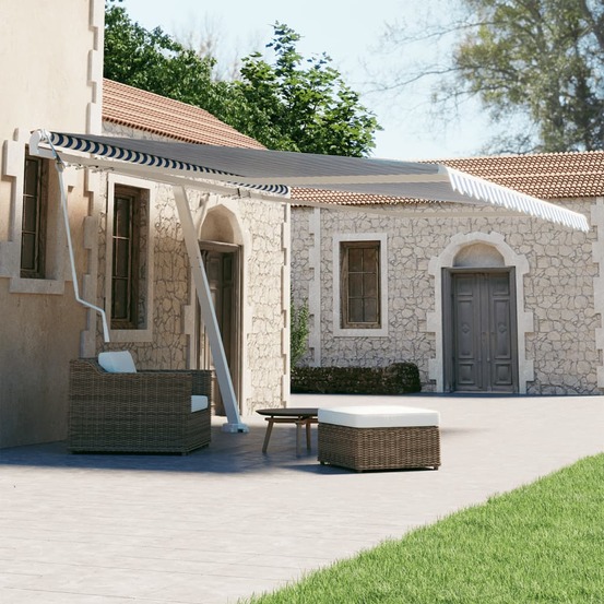 Auvent automatique sur pied 450x300 cm bleu/blanc