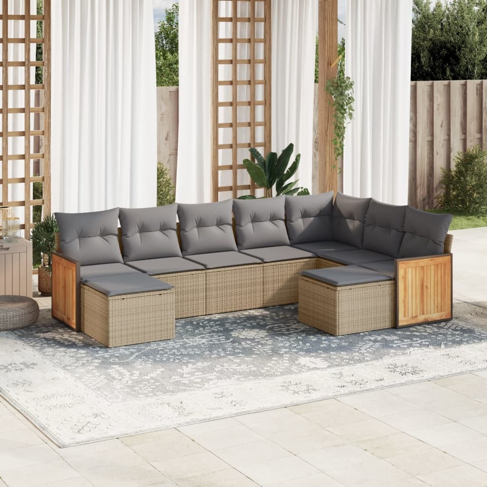 Salon de jardin avec coussins 9 pcs beige résine tressée