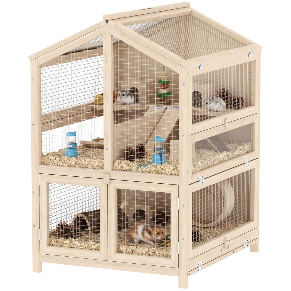 Cage bois hamster 3 étages bac amovible fenêtres transparentes accessoires 68x61x90cm naturel