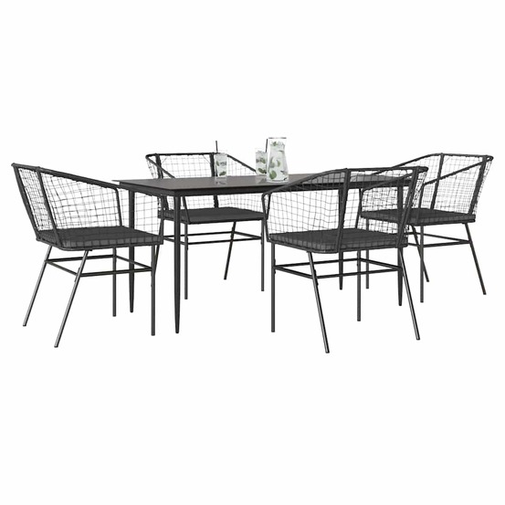 Ensemble à manger de jardin et coussins 5 pcs noir rotin verre