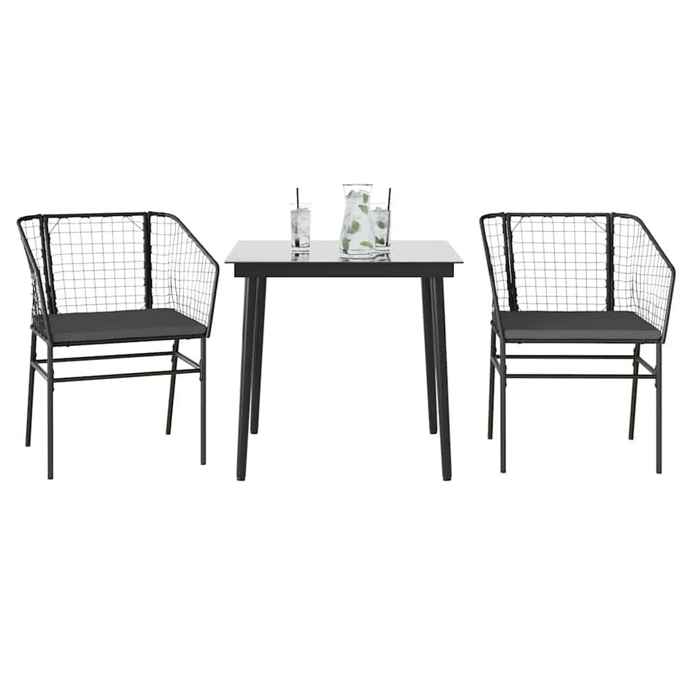 Ensemble à manger de jardin et coussins 3 pcs noir rotin verre