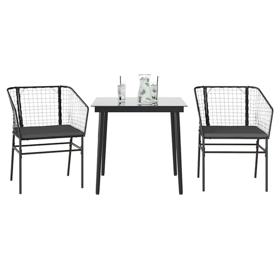 Ensemble à manger de jardin et coussins 3 pcs noir rotin verre