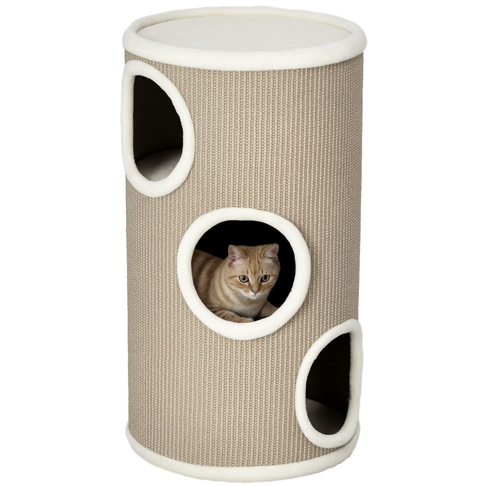 Tonneau à griffer pour chat en sisal 3 niveaux de jeu et repos 38x70cm marron