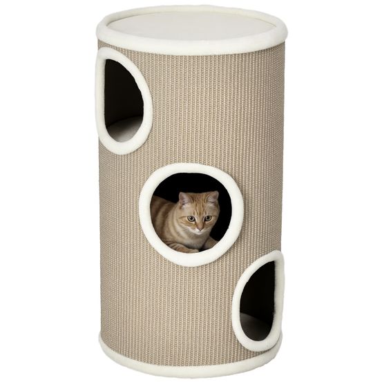 Tonneau à griffer pour chat en sisal 3 niveaux de jeu et repos 38x70cm marron