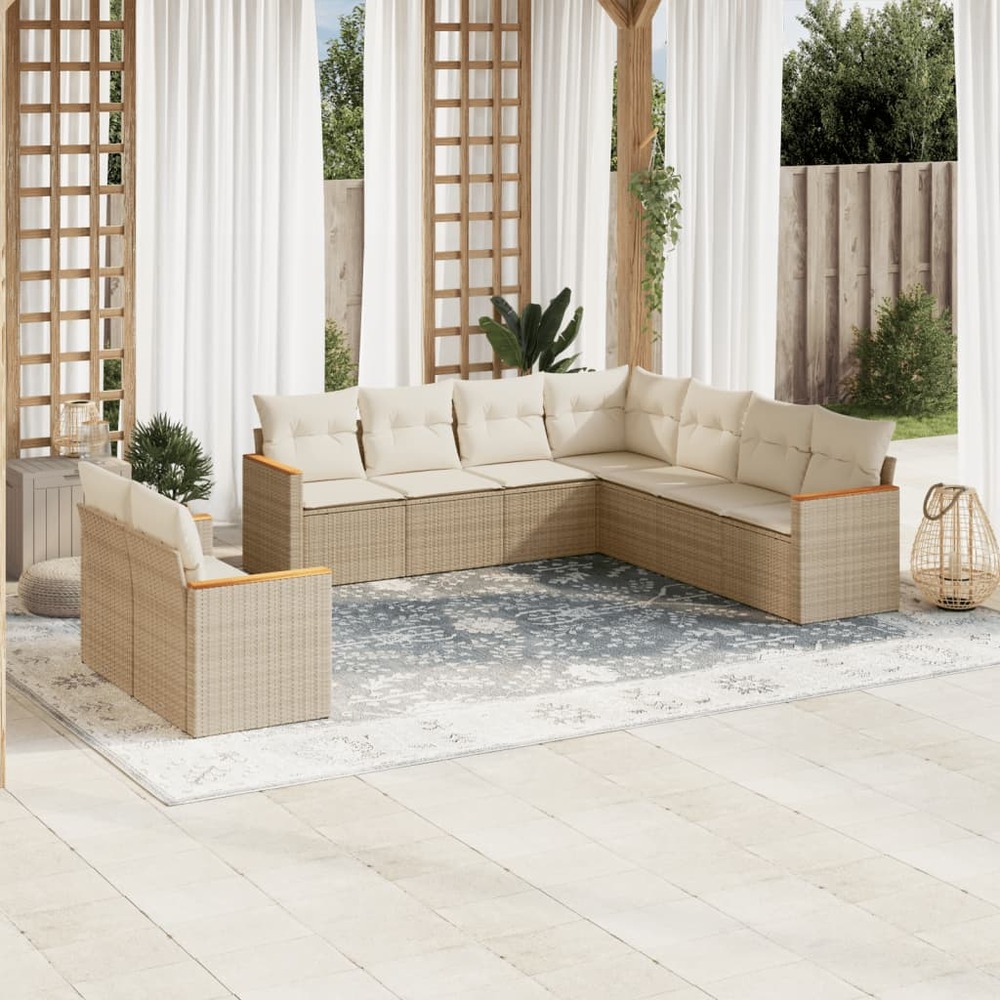 Salon de jardin avec coussins 9 pcs beige résine tressée