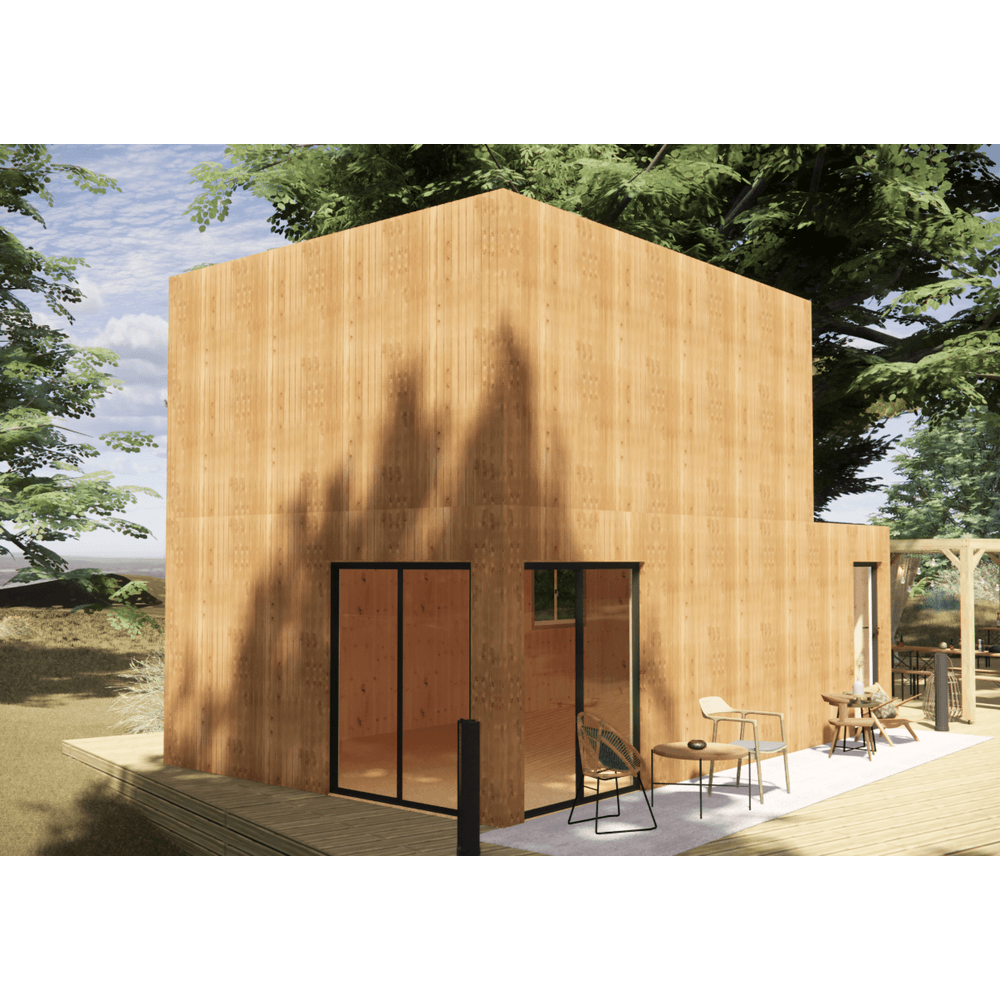 Studio de jardin bien isolé en bois 7,7 x 4,6 x 2,7 m / isolation re2020 avec mezzanine et terrasse / menuiseries alu k-line