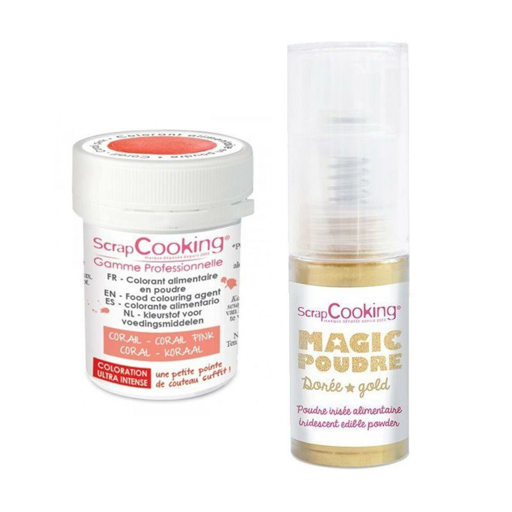Colorant alimentaire en poudre corail + poudre alimentaire irisée dorée