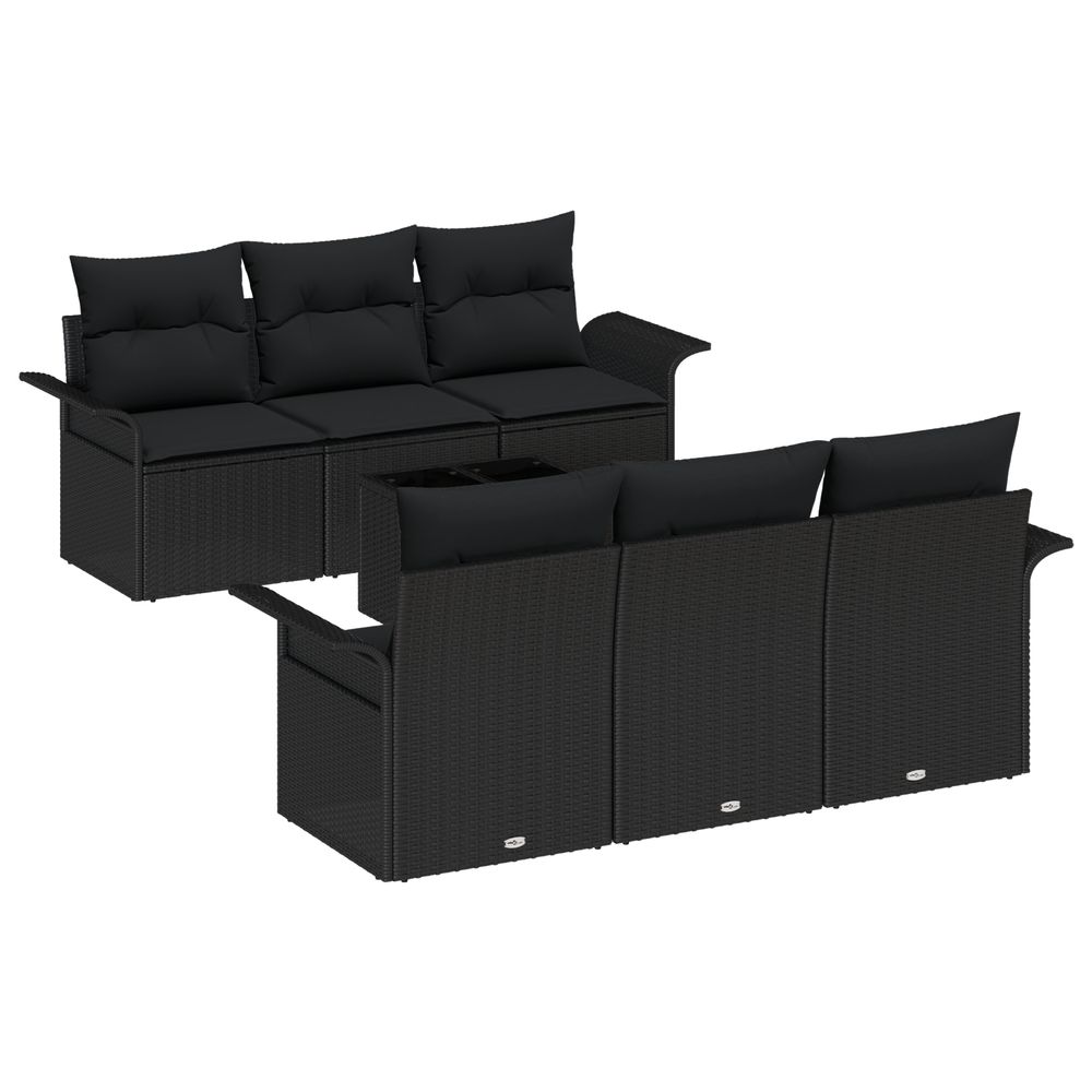 Ensemble de canapé de jardin 7 pièces avec coussins noir en poly rotin