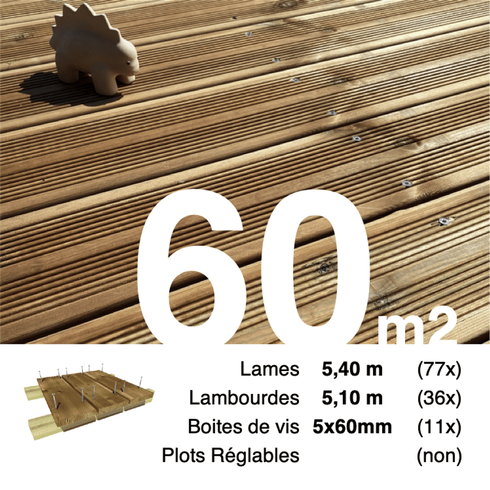 Kit terrasse pin autoclave marron pour 60 m², lames 5,4 m, lambourdes 5,1 m et visserie inox.