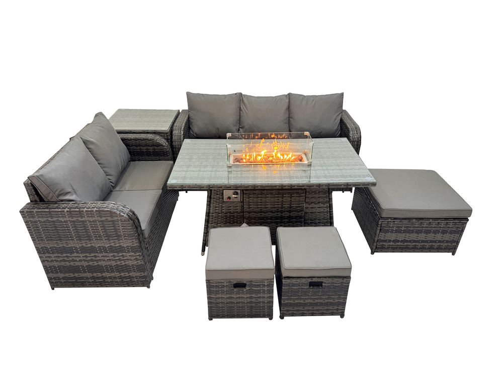 Ensemble salon de jardin extérieur en polyrotin table de foyer à gaz et canapé fauteuil avec table d'appoint 3 tabourets