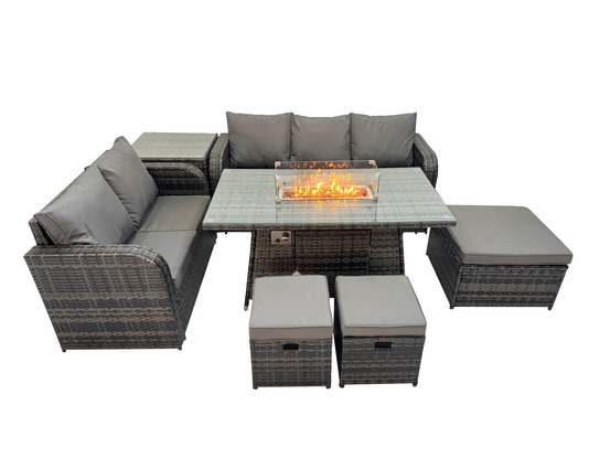 Ensemble salon de jardin extérieur en polyrotin table de foyer à gaz et canapé fauteuil avec table d'appoint 3 tabourets