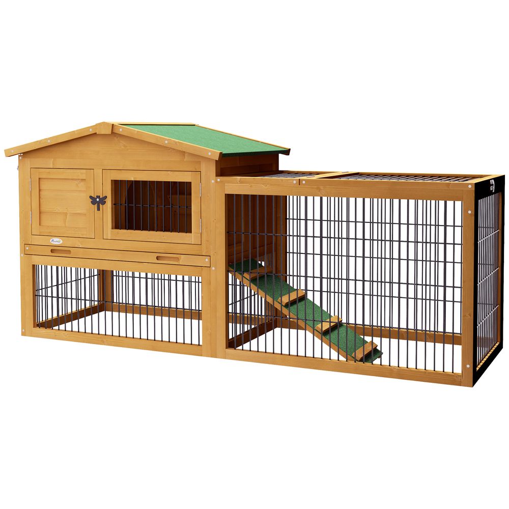 Clapier lapin bois de sapin 150 x 52 x 68 cm jaune 2 niveaux avec enclos et rampe