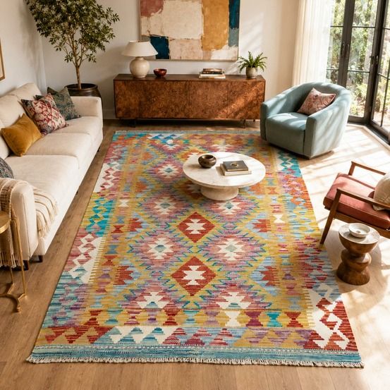 Tapis kilim, 99 x 155 cm, multicolore, bleu, rouge, en laine, ethnique, kilim 48