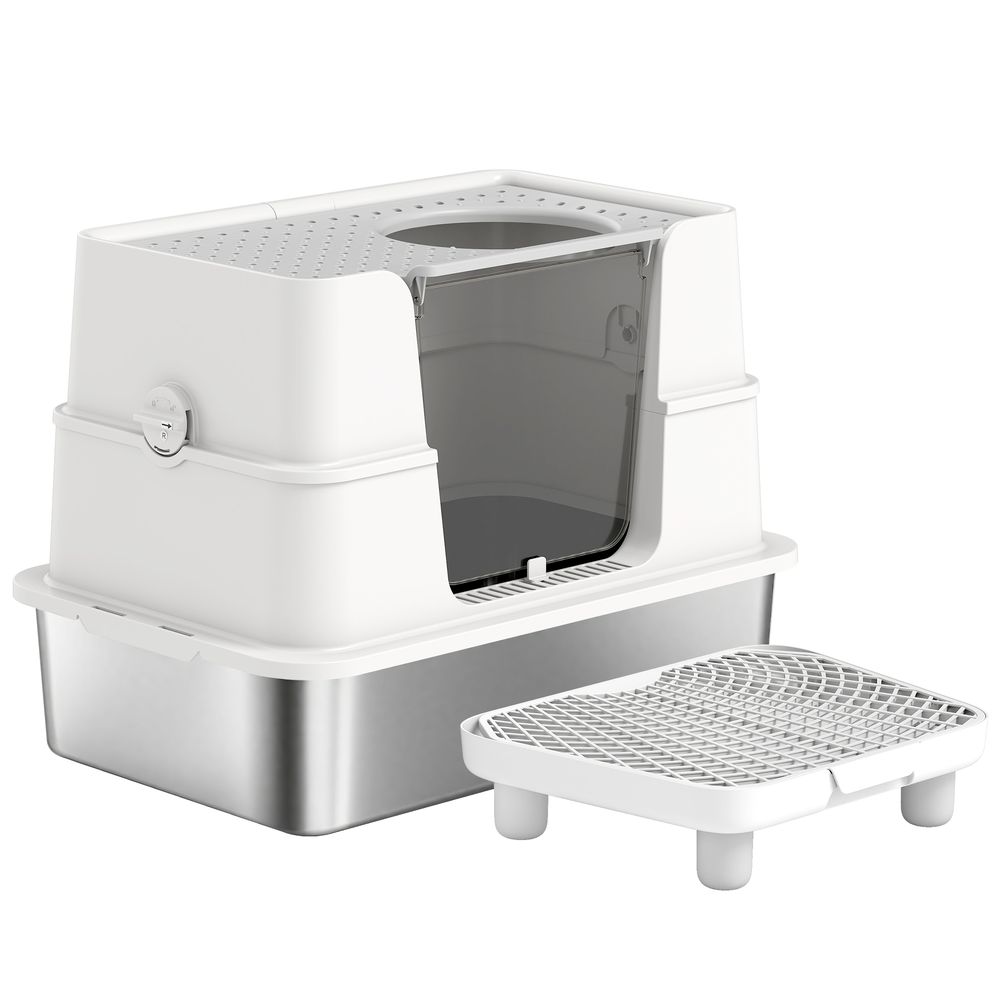 Bac à litière xl acier inoxydable gris clair 60,2x40,2x44,5 cm grand chat 3 modes